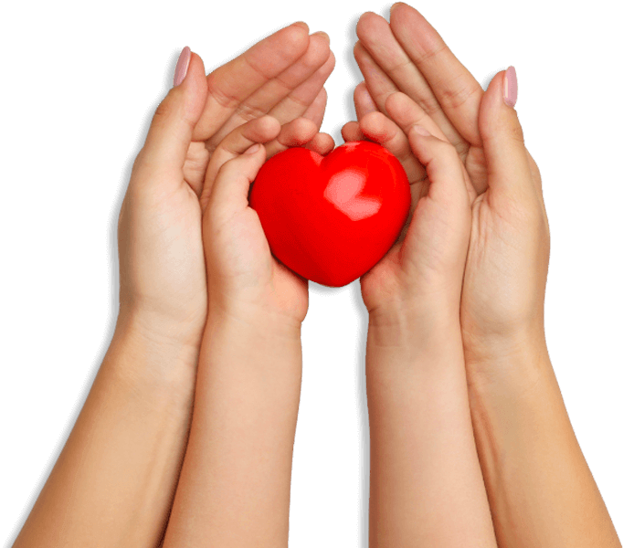 Mani di donna e di bambino tengono un cuore rosso insieme